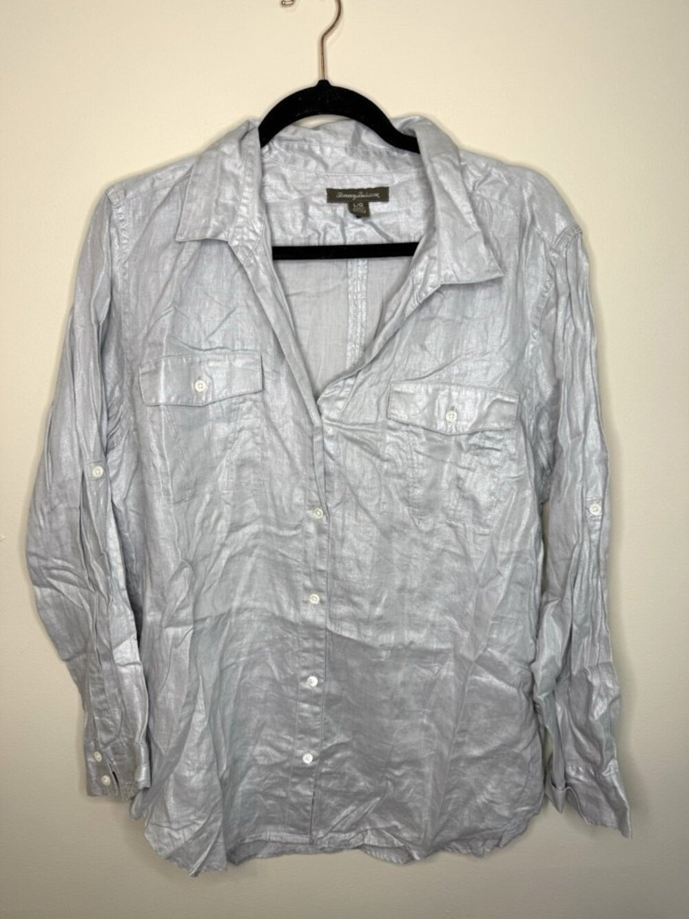 Tommy Bahama Linen Button Shirt Metallic Pocket Gauzy Coastal